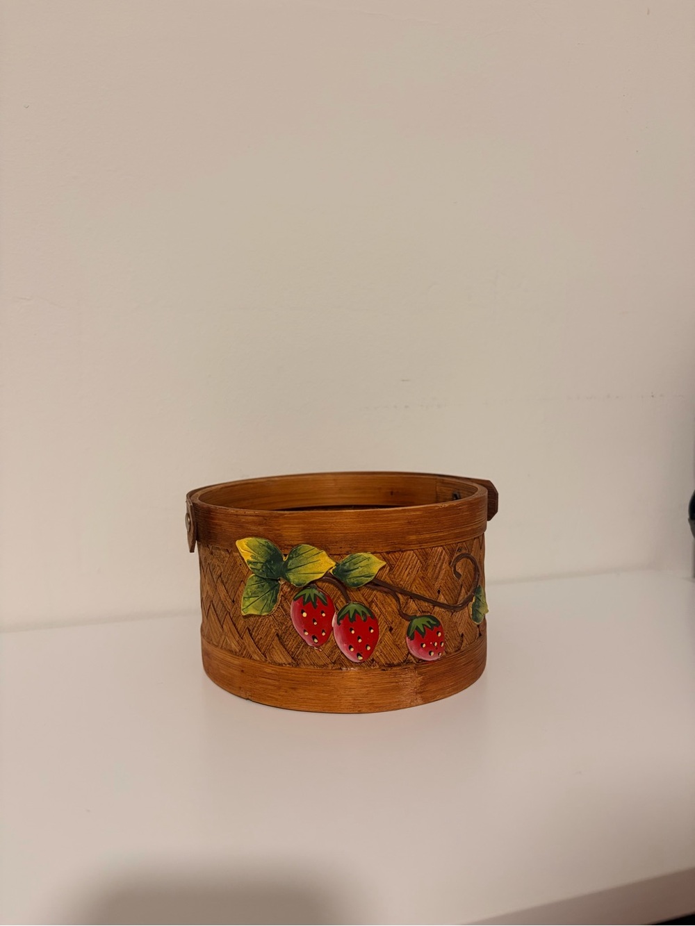 Hand-Painted Strawberry Woven Bamboo Decorative Basket - Brown